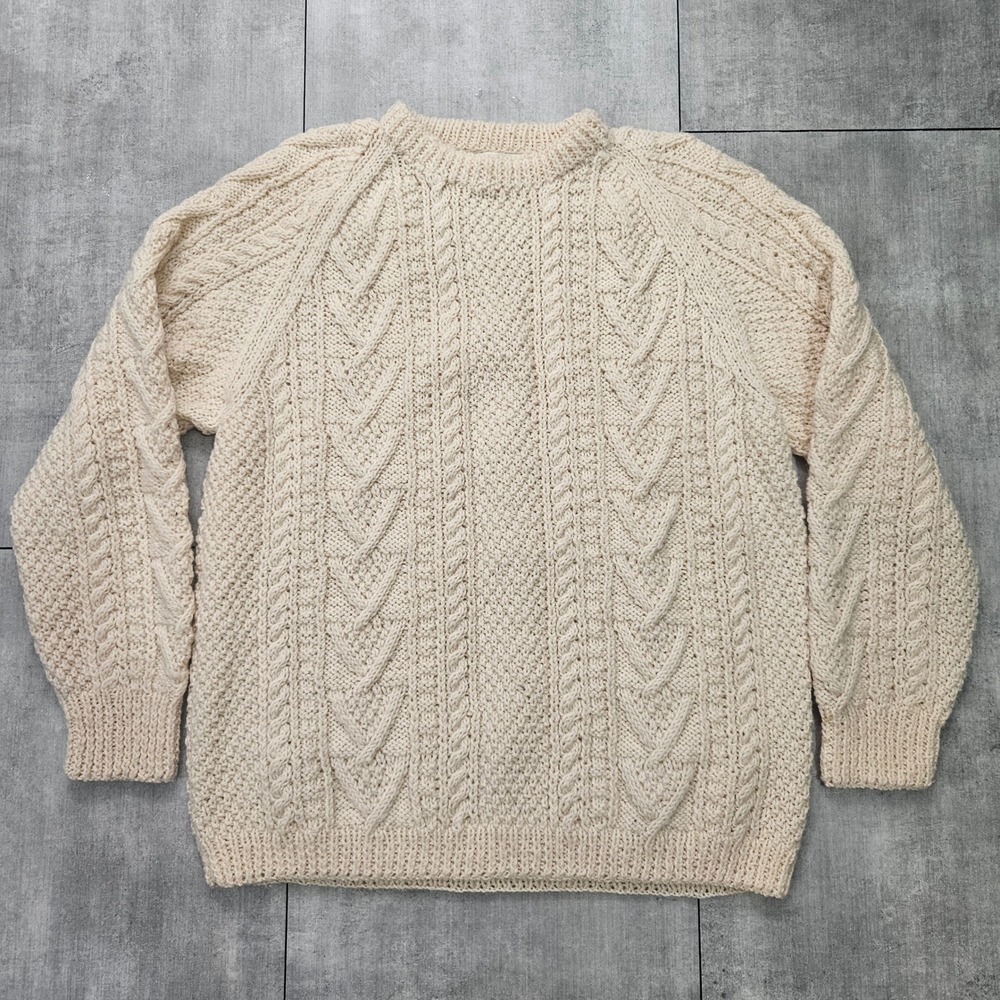 Carrigkerry Handknits Irish Wool Aran Fisherman Sweater Cream Cable Knit XL